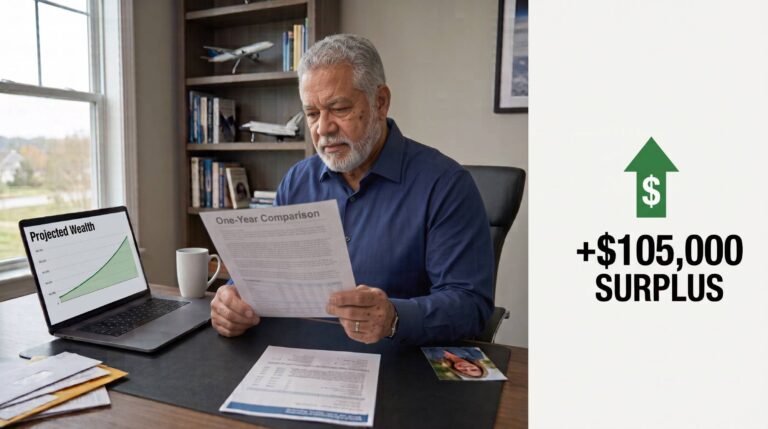 Retired aerospace professional at a home desk reviewing a one-year comparison of projected wealth