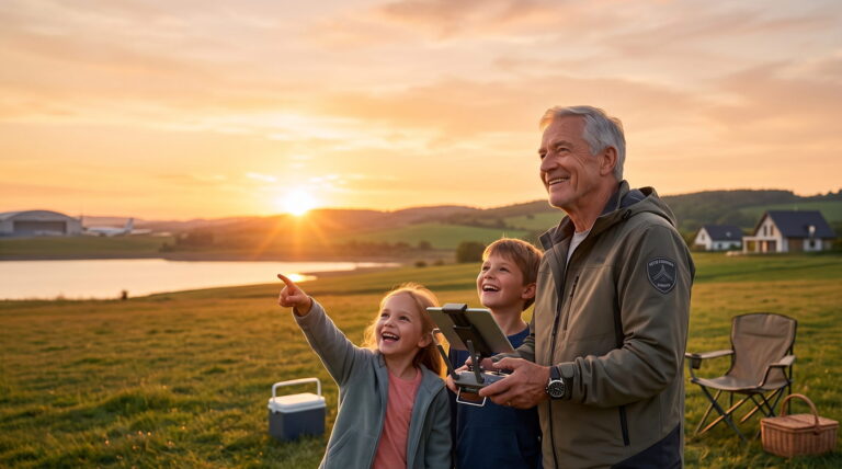 Retired aerospace engineer flying a drone with his grandchildren in a field at sunset