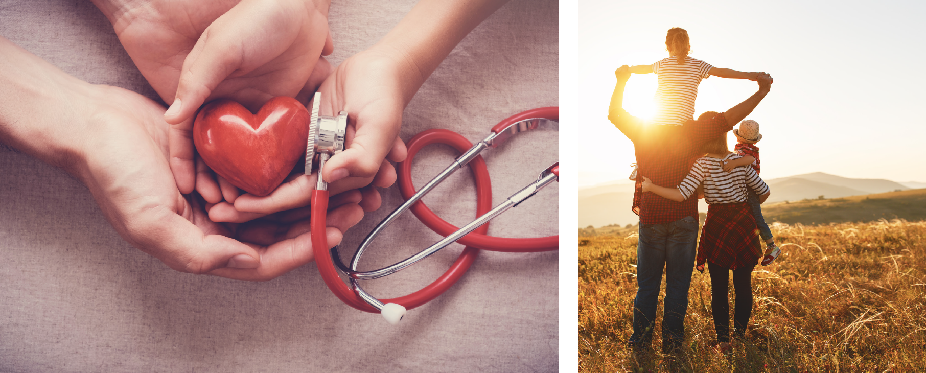 Estate Strategies: Critical Elements of an Estate Plan 3 Hands holding a red heart beside a stethoscope, and a family of three watching a sunset