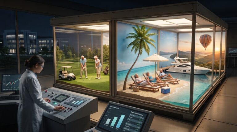 Analyst at a control console running retirement stress-test scenarios – a couple golfing in one glass chamber and relaxing on a beach in another
