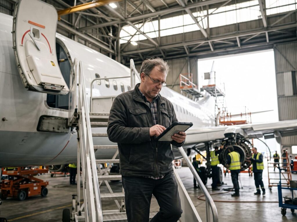 An aerospace engineer reviewing notes on a tablet beside an airliner in a maintenance hangar