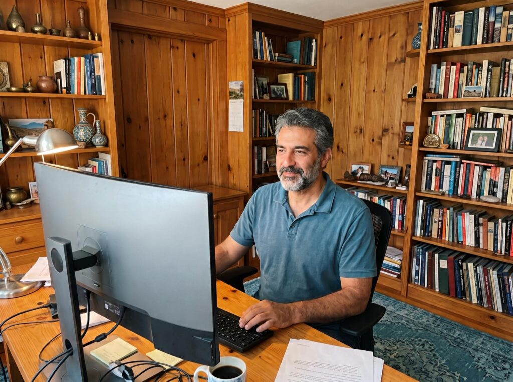 An executive working at a desk in a wood-panelled home study lined with books