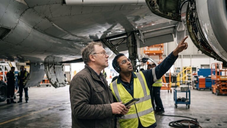 Aerospace & Defense Engineers 1 Two aerospace engineers in a maintenance hangar reviewing an open jet engine, one pointing at the turbine housing