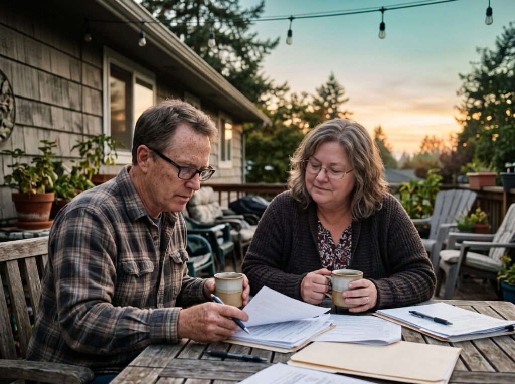 A couple in their sixties reviewing retirement paperwork together over coffee on their back deck at sunset