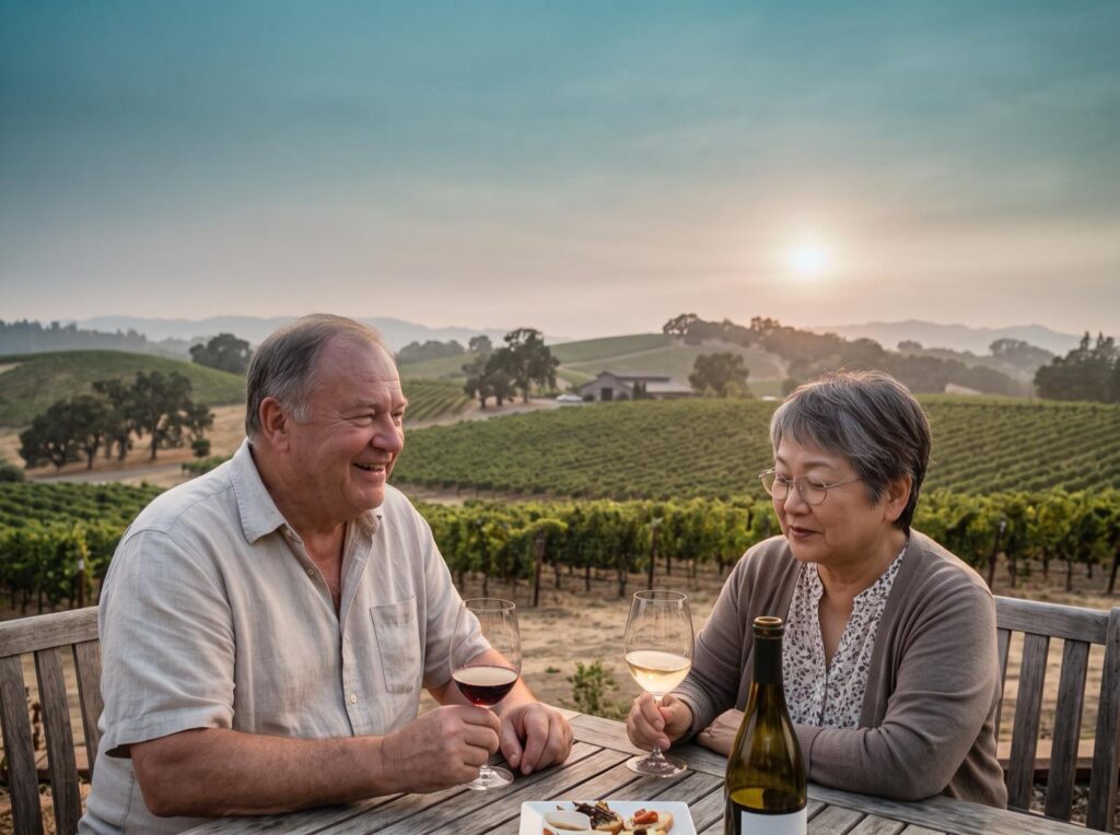 A retired couple sharing a glass of wine on a terrace overlooking vineyard hills at sunset